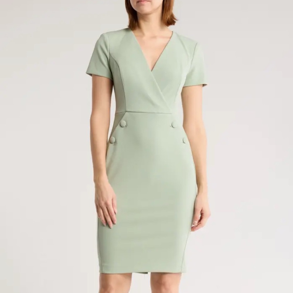 Calvin Klein V-neck Button Sheath Work Dress Women’s Size 4 Emerald Green